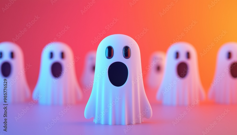Cute ghost family with happy expressions, colorful Halloween backdrop, 3D illustration, closes up Cute ghost family with happy expressions, colorful Halloween backdrop, 3D illustration, closes up