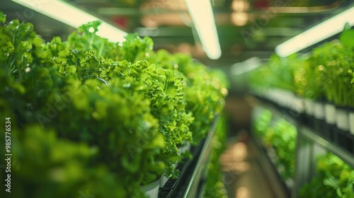 Lush green hydroponically grown leafy vegetables and herbs thriving in a modern indoor farm facility  Vertical rows of fresh photo