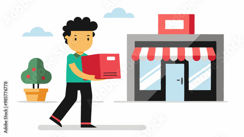 Ilustración de un hombre llevando una caja roja frente a una tienda pequeña con toldo, representando una compra reciente.