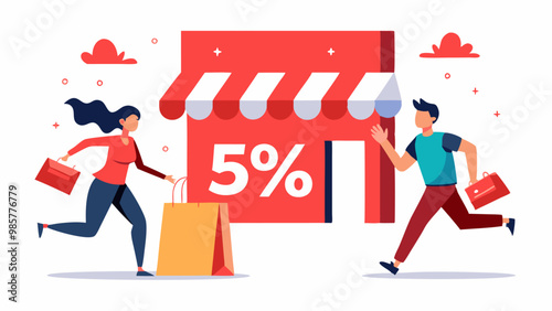 Hombre y mujer corriendo hacia una tienda con un cartel de 5% de descuento, emocionados por las promociones.