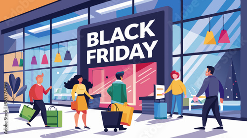 Personas entrando en una tienda con grandes carteles de Black Friday, emocionados por las ofertas y descuentos.