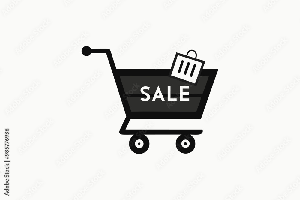 Icono de un carrito de compras con una bolsa dentro, representando una venta o promoción en una tienda.
