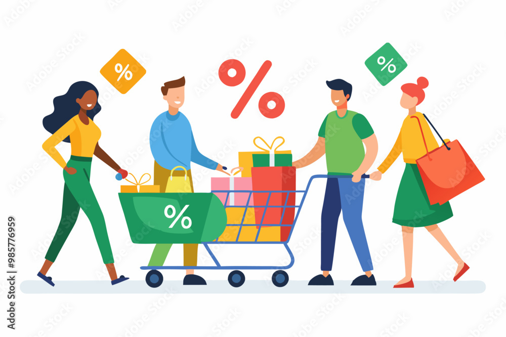 Un grupo de personas con carros de compras llenos de productos, mostrando símbolos de porcentaje para destacar los descuentos.
