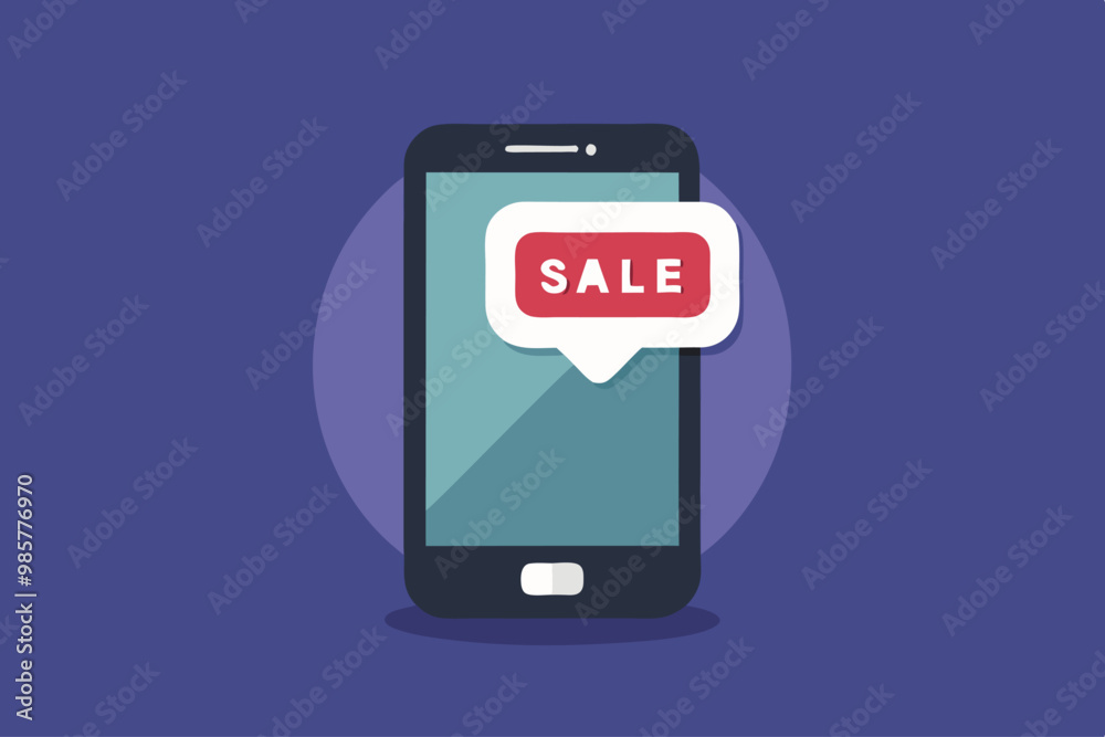 Ilustración de un teléfono inteligente con una notificación de venta destacada en la pantalla, mostrando una oferta.