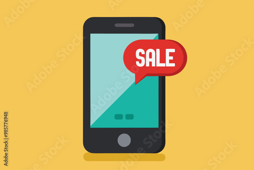 Ilustración de un teléfono inteligente con un mensaje de venta resaltado, indicando una promoción.