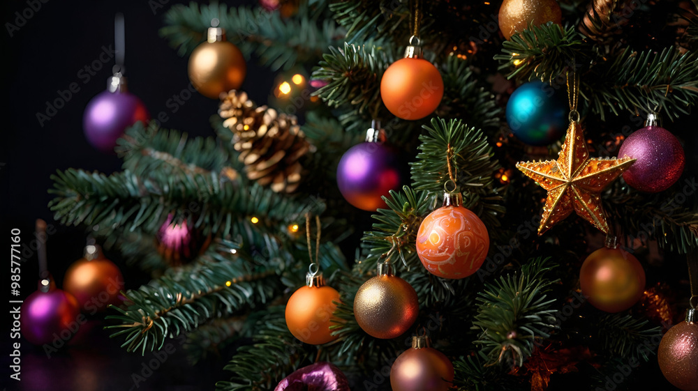 Christmas tree in different colors on a dark background, generative AI. Christmas tree in different colors on a dark background, generative AI.
