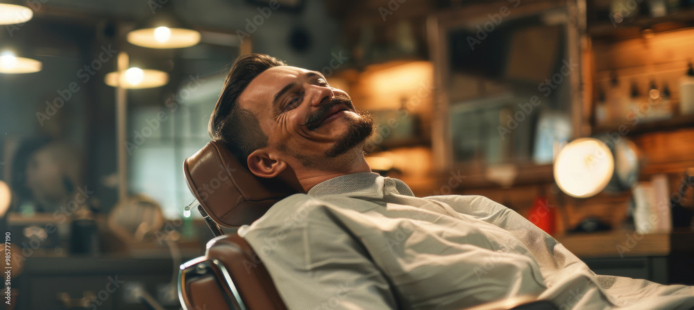 Stylish Barbershop Social Media Ad: Smiling Client with Sculpted Mustache in Modern Setting Stylish Barbershop Social Media Ad: Smiling Client with Sculpted Mustache in Modern Setting