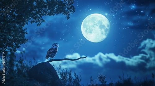 A Solitary Owl Perched on a Branch Under a Full Moon and Starry Sky