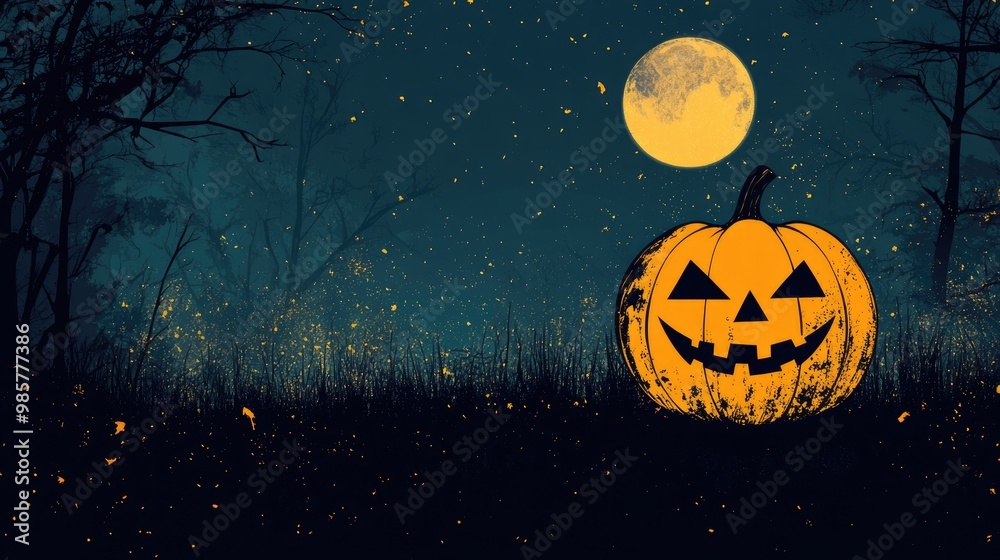 Fototapeta premium Halloween themed design featuring a pumpkin silhouette against a moonlit forest backdrop with space for text
