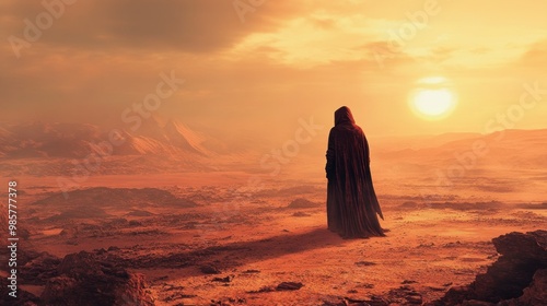 A lone figure in a red robe stands on a desolate alien landscape