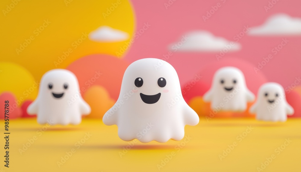 Cute ghost family with happy expressions, colorful Halloween backdrop, 3D illustration, closes up Cute ghost family with happy expressions, colorful Halloween backdrop, 3D illustration, closes up