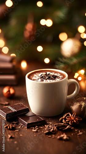 A mug of hot chocolate with a chocolate bar and some spices on a wooden table. Scene is cozy and warm, perfect for a cold winter day