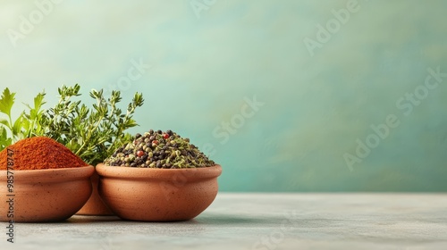 An assortment of spices and herbs in a traditional clay dish.