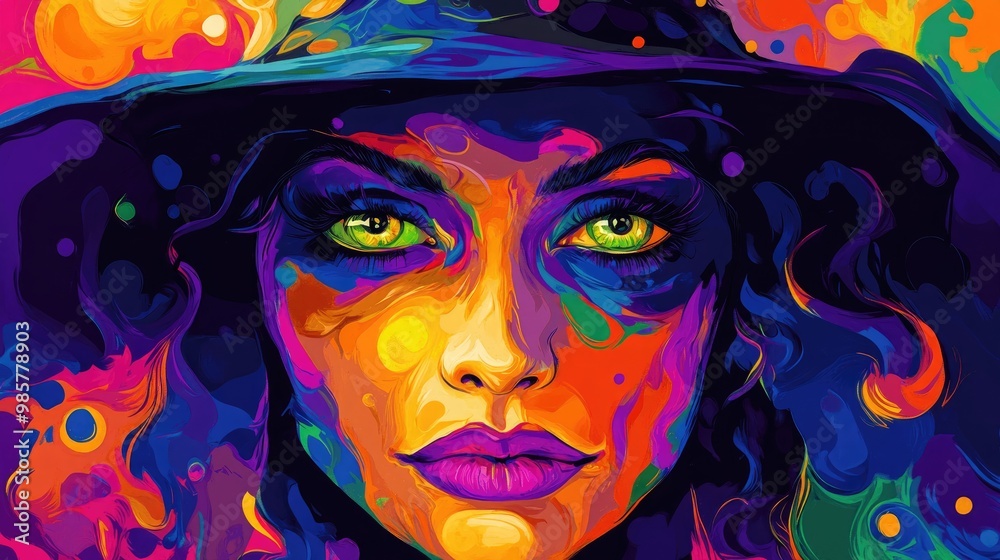 Witch face on vibrant background Witch face on vibrant background