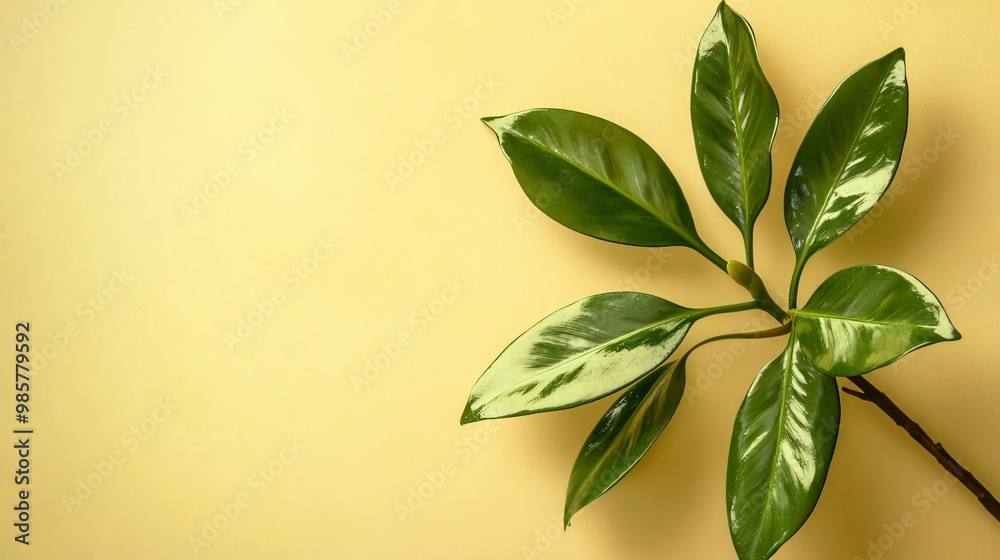 Fototapeta premium Green leaves on a yellow background.