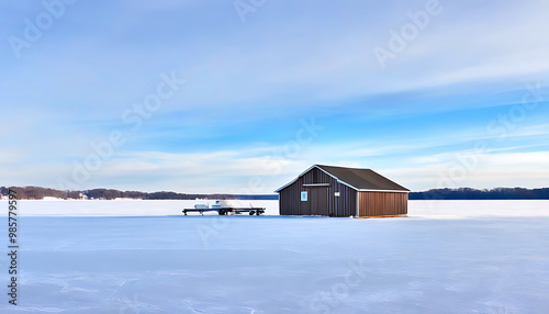 Ice Fishing Shacks on the Lake, highlighting the tranquility of rural America and the joy of ice fishing in winter photo