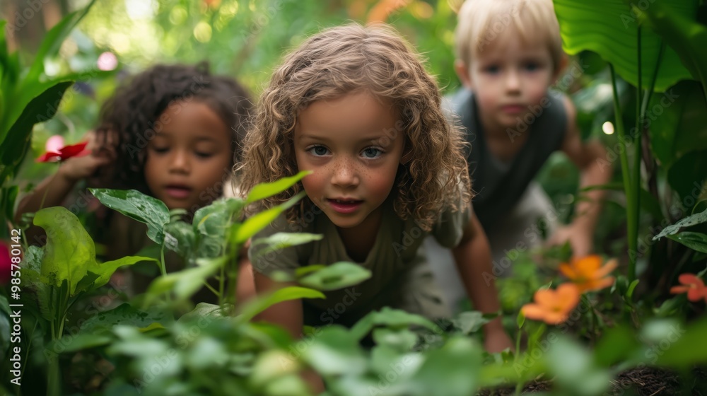 Children play observing nature in a lush garden with a focus on their exploration and discovery. Children play observing nature in a lush garden with a focus on their exploration and discovery.