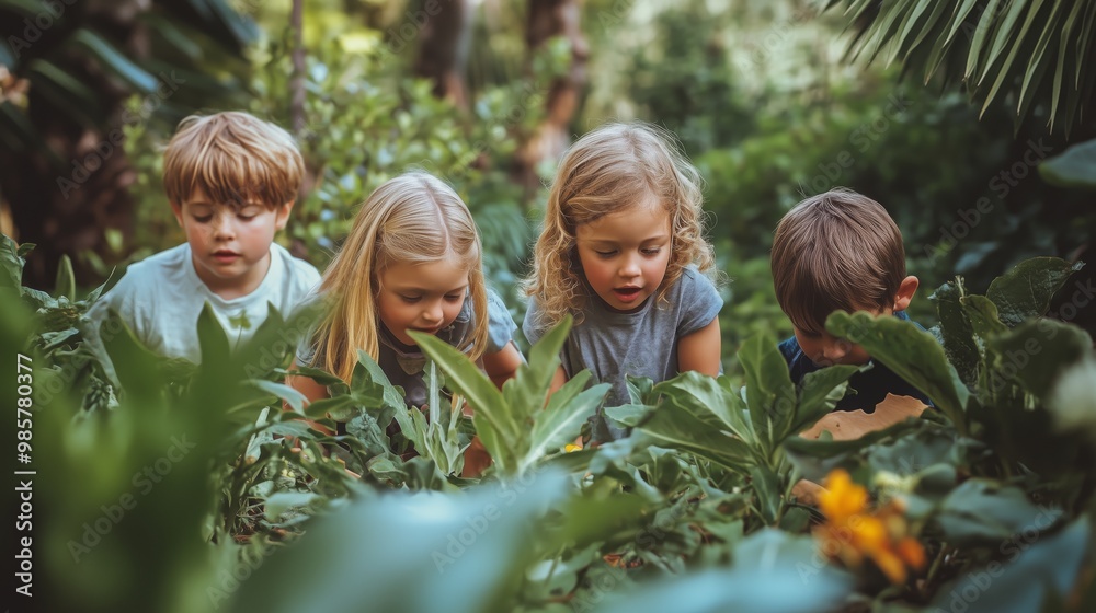 Children play observing nature in a lush garden with a focus on their exploration and discovery. Children play observing nature in a lush garden with a focus on their exploration and discovery.