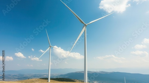 A photostock image of wind turbines generating renewable energy, with a focus on clean green technology photo