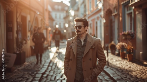 Stylish Man with Mustache Walking Cobblestone Streets of a Historic European Town in Warm Sunlight photo