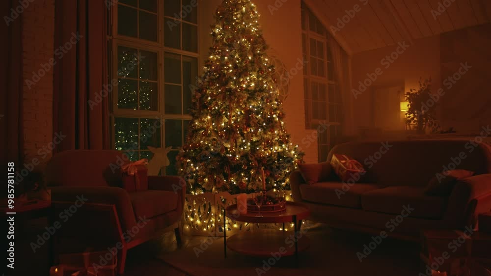 Cozy living room glows with warm lights from a beautifully decorated christmas tree, creating a festive atmosphere. 4K video Cozy living room glows with warm lights from a beautifully decorated christmas tree, creating a festive atmosphere. 4K video