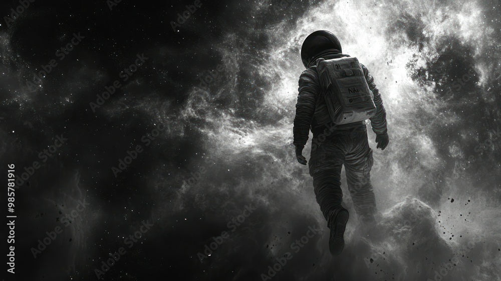 An astronaut walking through a nebula in space An astronaut walking through a nebula in space