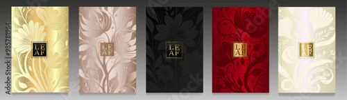 Collection of modern, elegantly designed luxury covers featuring refined silhouettes of flowers and plants. Sophisticated backgrounds shiny metallic effect, giving a contemporary and artistic touch