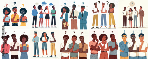 vector set of African characters thinking in a simple and minimalist flat design style. plain white background