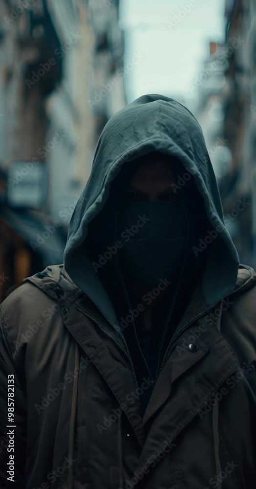 A man wearing a hoodie and a bandana is standing in a city street. The image has a dark and moody atmosphere, with the man's hoodie and bandana adding to the overall sense of mystery and anonymity A man wearing a hoodie and a bandana is standing in a city street. The image has a dark and moody atmosphere, with the man's hoodie and bandana adding to the overall sense of mystery and anonymity