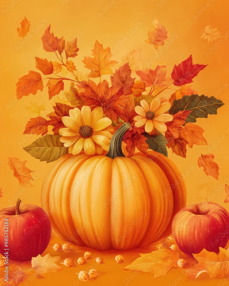 autumn bouquet in pumpkin with leaves and apples on orange background autumn bouquet in pumpkin with leaves and apples on orange background