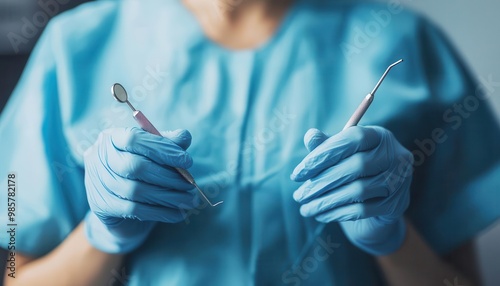 Dental assistant carefully arranging tools with gloves on, emphasis on hygiene and patient care, Dental assistant gloves hygiene photo