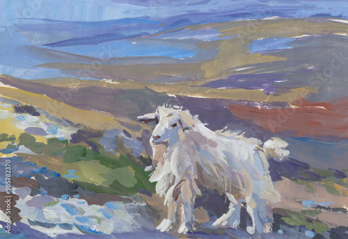 Wallpaper Mural Goats painting gouache. Mountain goats are resting in a clearing. Original author's illustration. Animals in painting. A postcard for design. The concept of wildlife, beauty and careful attitude. Torontodigital.ca