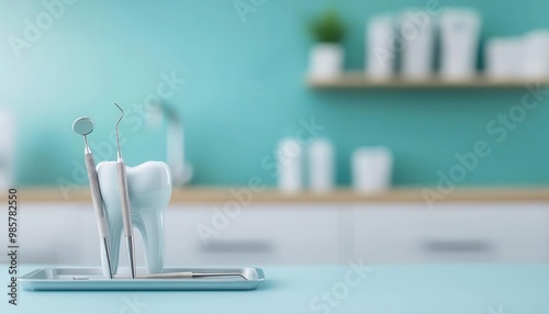 Modern dental setup, close-up of tools on tray next to perfectly clean chair, sterilized space, Dental chair tools clean photo