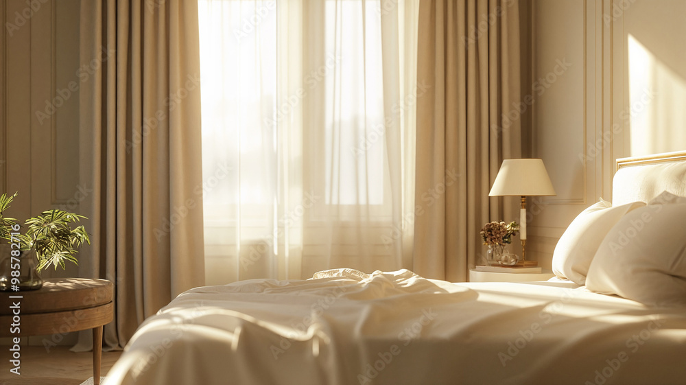 Bed with clean white sheets in a luxury hotel room on a sunny day Bed with clean white sheets in a luxury hotel room on a sunny day