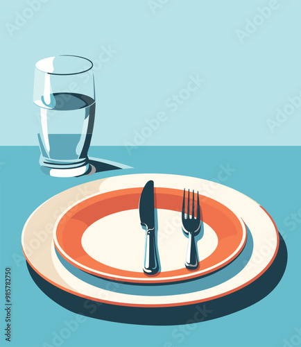 Table setting set. Fork, Knife, empty plate, glass of water. Cutlery Catering vector illustration. Dinner etiquette.