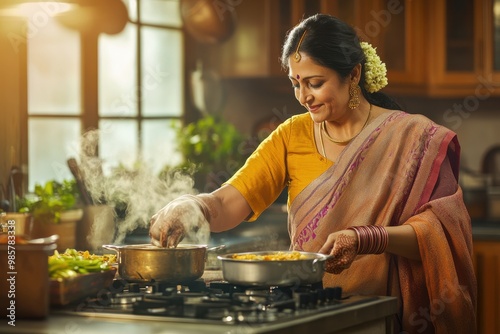 Indian woman cooking in a kitchen with steam rising from a pot, morning light