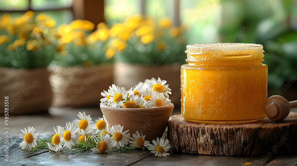 A moisturizing face mask jar placed next to a small bowl of natural honey and chamomile flowers, evoking a sense of nourishment and calmness A moisturizing face mask jar placed next to a small bowl of natural honey and chamomile flowers, evoking a sense of nourishment and calmness