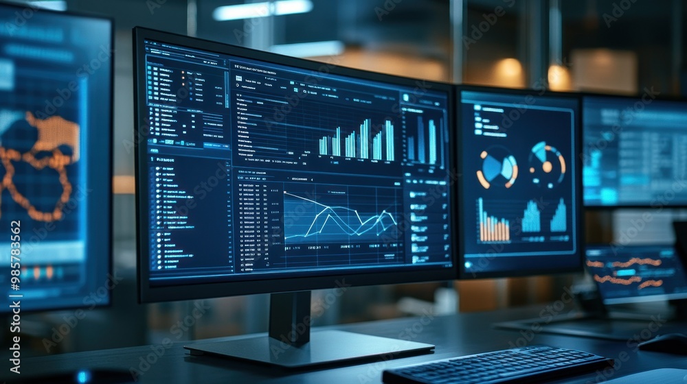 Multiple Computer Monitors Displaying Data Analytics Charts and Graphs Multiple Computer Monitors Displaying Data Analytics Charts and Graphs