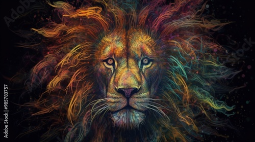 Neon abstract graphic contours of a lion in a jump, a wild animal. Dark background isolate. AI generated.