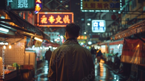 Stylish Man Walking Through Bustling Neon-Lit Night Market - Modern Urban Lifestyle and Vibes