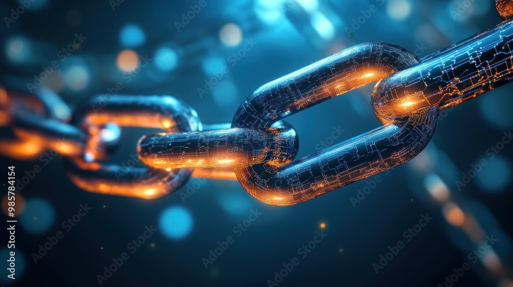 © Rere_Art151 - Close-up of a Metal Chain with Embedded Circuitry and Glowing Orange Lights © Rere_Art151 - Close-up of a Metal Chain with Embedded Circuitry and Glowing Orange Lights