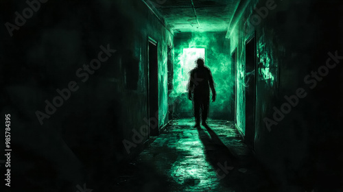 Scary zombie walking down corridor in abandoned building