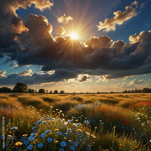 A beautiful tan and blue heavenly clouded sky with the sun peeking behind glowing onto a field of wildflowers