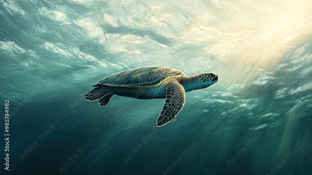 Obraz premium A Sea Turtle Swimming Through Sunlit Water