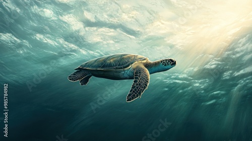 A Sea Turtle Swimming Through Sunlit Water