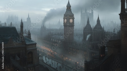 A Foggy View of London's Iconic Clock Tower and Buildings