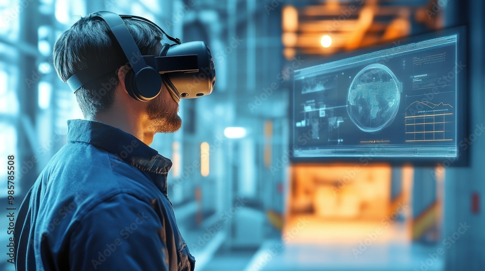 Man Wearing VR Headset Looking at a Large Digital Screen with Data Man Wearing VR Headset Looking at a Large Digital Screen with Data