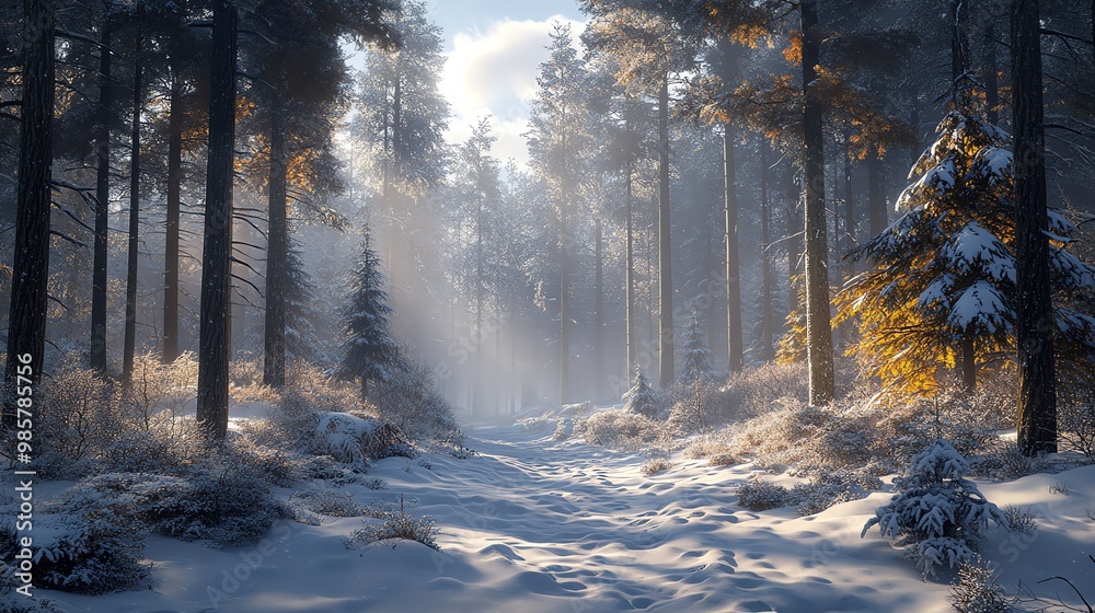 A snowy path through a dense forest with sunbeams filtering through the trees.