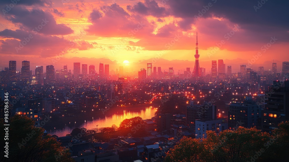 Fototapeta premium Stunning Urban Cityscape Featuring the Iconic Skyline of Tokyo for Travel and Architecture Enthusiasts