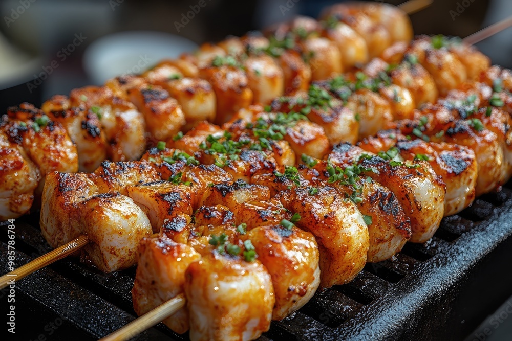 Delicious scallops skewers grilling with green onions Delicious scallops skewers grilling with green onions